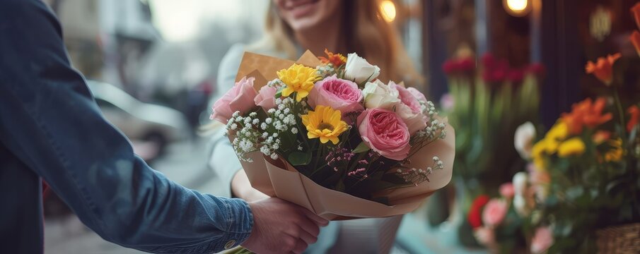 Woman receiving a bouquet of flowers from gentleman