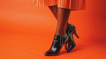 Leg of young woman in stylish black shoe on orange background