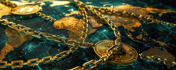 Blockchain network concept with Bitcoin coins