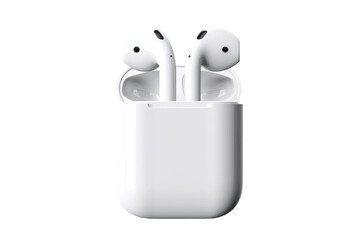 Symphony of Sound: Apple AirPods Nestled in Sleek Holder on a White or Clear Surface PNG Transparent Background.