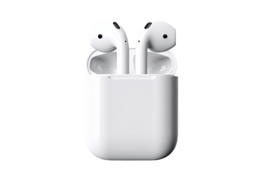 Symphony of Sound: Apple AirPods Nestled in Sleek Holder on a White or Clear Surface PNG Transparent Background.