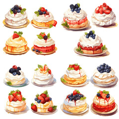 Set of detailed Sticker of cute cake with fruits watercolor and butter cream set graphic clipart design, cute, isometric style, sticker, white background