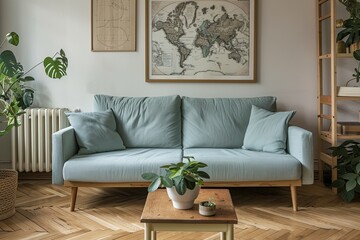 A living room with a blue couch and a world map on the wall