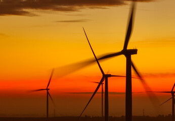 Wind farm landscape against sunset sky. Wind energy. Wind power. Sustainable and renewable energy. Wind turbines generate electricity. Green technology. Renewable resources. Sustainable development.