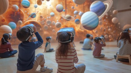 Group of skilled elementary student studying about astronomy and space at classroom by using...