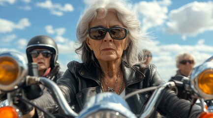 Group of elegant elderly women wearing sunglasses and leather jackets riding on motorcycles.