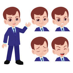 Young cute kid boy in suit with set of face expression