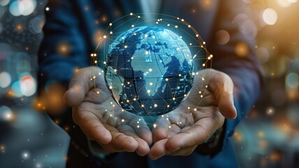Fototapeta premium Businessman hold global business with network connected to digital marketing strategy