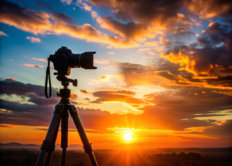 Camera on the sunrise sky with the lens is facing forward