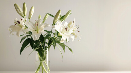 Beautiful bouquet of lily flowers in vase on light tab