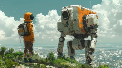 A person in a spacesuit stands next to a large robot on a hill overlooking a city under a cloudy sky in a futuristic sci-fi scene.