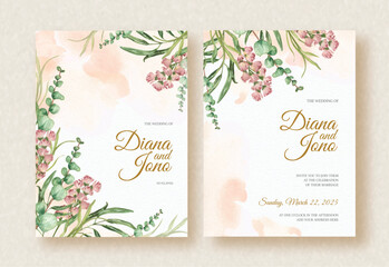 Obraz premium eucalyptus leaves with pink flowers watercolor painting on wedding invitation background