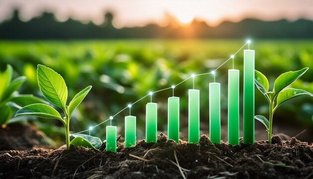 Green economy of transparent standards and graphics in green color showing longevity and ESG thinking for companies and modern businesses 