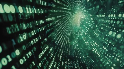 Data Stream Binary Code Cascades in a Hypnotic Luminous Flow