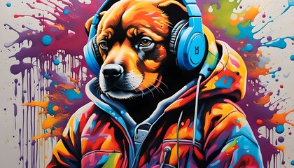 Dog with headphones, graffiti art, splash art, street art, spray paint, oil gouache melting, acrylic, high contrast, colorful polychromatic, ultra detailed, ultra quality, CG Society