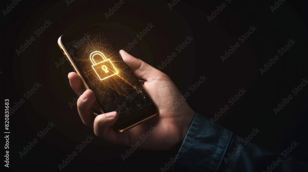 Poster smart phone with padlock hologram ,cyber security concept. security data