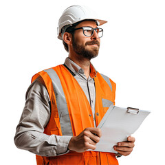 Engineer in Safety Vest Holding Clipboard on Transparent Background