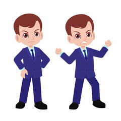 Young cute kid boy in suit standing poses angry 