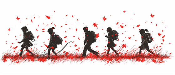 silhouette of group children walking in a field with red leaves
