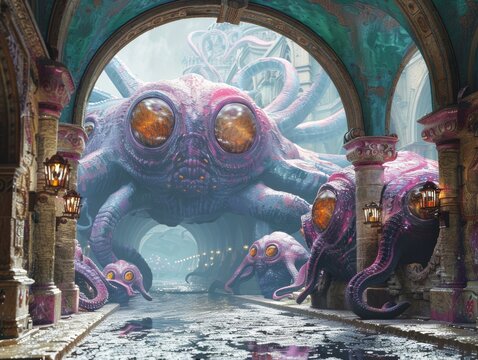The image shows a giant octopus-like creature with large eyes and many tentacles