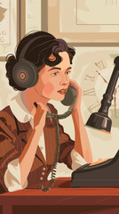 Woman Seeking Assistance from Customer Support Hotline with Vintage Telephone