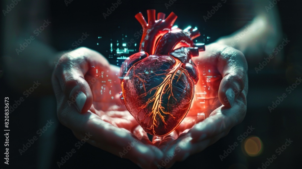 Wall mural a human heart floating in the palm of two hands, illuminated by medical science holograms.