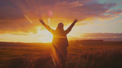 The girl on the top of the mountain raised both hands, the sun was setting. concept of success and achievement, joy, happiness.