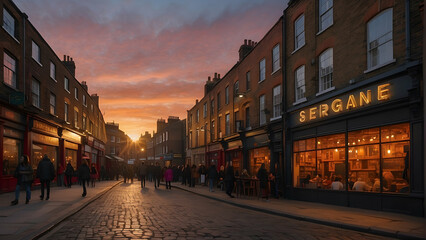 Obraz premium A vibrant street scene with people at cafes under an exceptional sunset sky