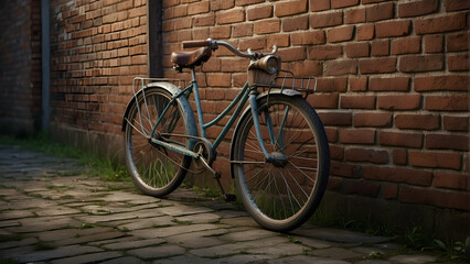 An old-fashioned bicycle leans against a rustic brick wall on a cobbled street