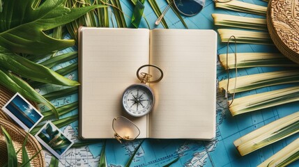 A green hat, aqua sunglasses, an electric blue compass, a watercolored notebook, and a map with an azure pattern on a circle design table AIG50