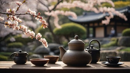Japanese Garden Tea Ceremony With Cherry Blossoms - Traditional Cultural Event Photo