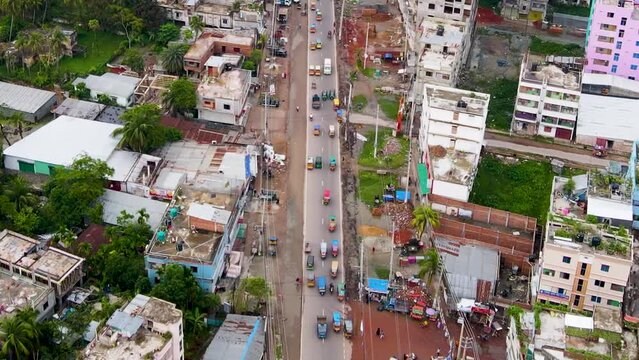 Fly Over Road With Traffic In Barisal City Of Bangladesh, Asia. Aerial Drone Shot