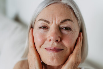 Portrait of beautiful mature woman with gray hair and soft smile.