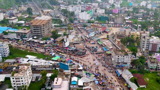 Crowded Scene Of Road Traffic With Rupatoli Bus Stand In Barisal City, Bangladesh. Aerial Drone Shot