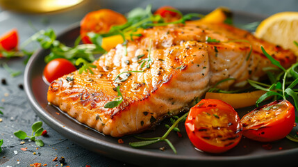 Delicious Grilled Salmon Steak with Fresh Herbs and Vegetables