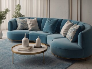 Minimal Living Room Design With Serpentine Blue Sofa Set