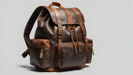 A high-quality brown leather backpack with multiple pockets is displayed against a neutral gray background