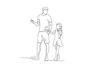 Father who was walking while chatting with his daughter. Father's day one-line drawing