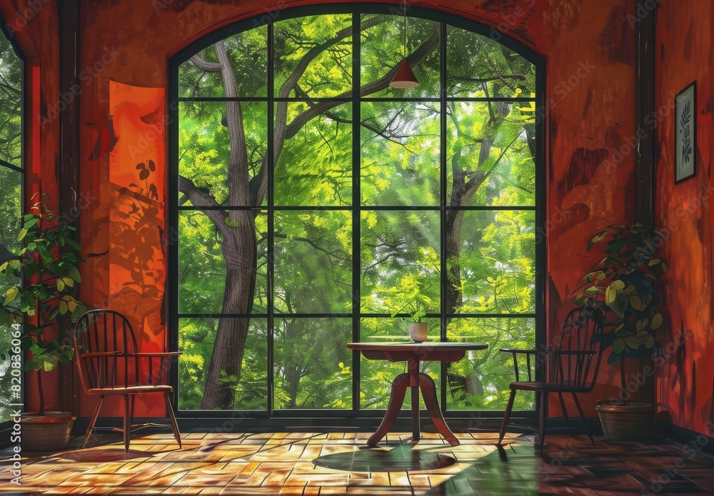 Wall mural A digital painting AI illustration of a room featuring a table, chairs, and a large window with trees visible outside. - Wall murals