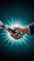 A handshake between a human and a robot, sparking a surge of energy that forms a new life form.