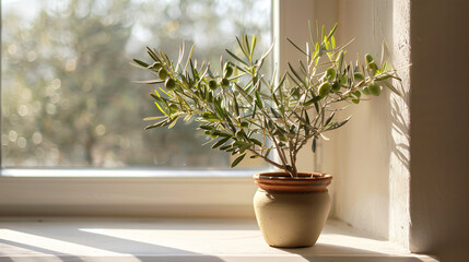 Beautiful young potted olive tree on windowsill. Inter