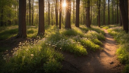 Fototapeta premium Spring Wildflower Forest Hike: Tranquil Nature Trail Blooms Amidst Verdant Trees