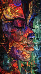 Vibrant stained glass abstract portrait with intricate geometric patterns and rich colors