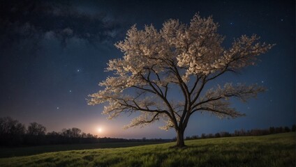 Twinkling Stars Above Blooming Tree onSpring Night Sky Scene
