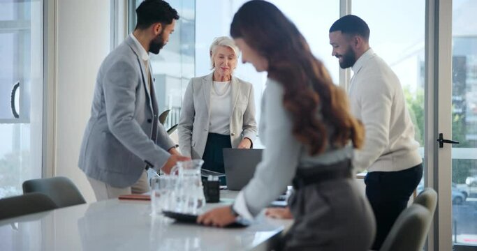 Business, people and smile in office with documents for teamwork, collaboration and plan as accountant. Employee, meeting and happy for financial reviews, records and enter to start auditing accounts