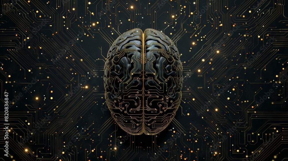 Poster digital brain made of circuit board, vector illustration on black background. illustration concept f