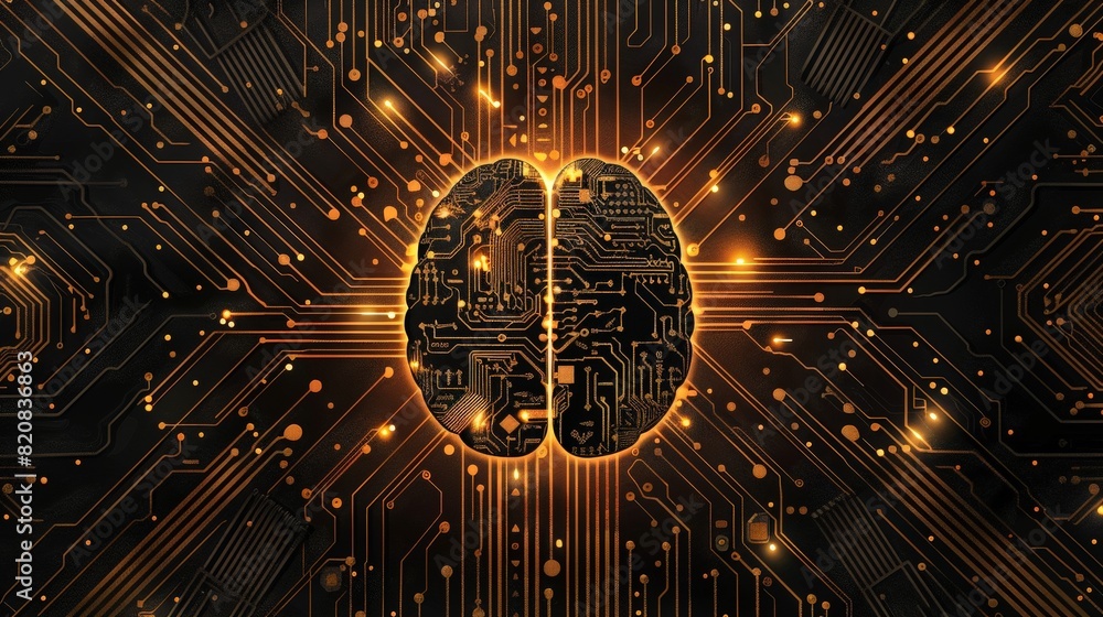 Poster digital brain made of circuit board, vector illustration on black background. illustration concept f
