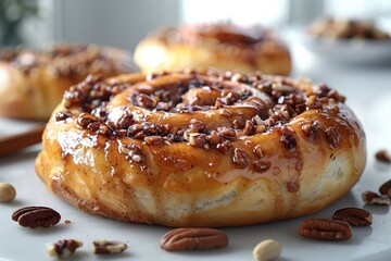 Freshly baked cinnabon buns with cream sauce and nuts on baking paper
