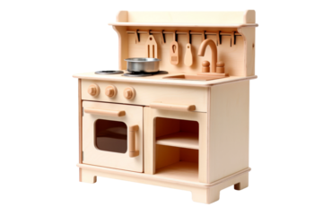 Miniature Culinary Magic: Wooden Toy Stove With Pot and Pan on a White or Clear Surface PNG Transparent Background.