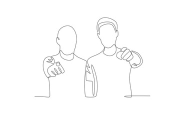 The son and father are pointing. Father's day one-line drawing